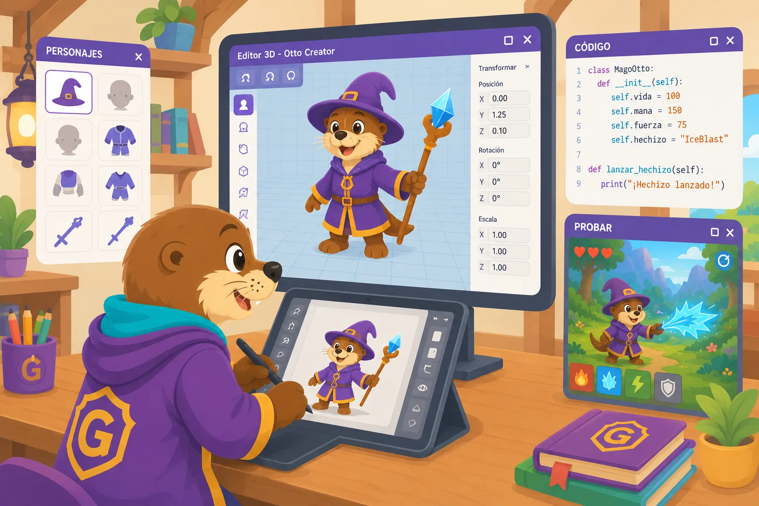 Otto diseña un personaje en su taller: lo dibuja, lo programa y lo prueba dentro de un juego